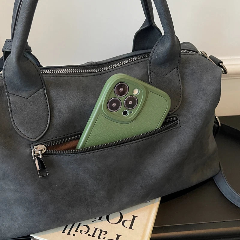 Women's Boston-Style PU Leather Shoulder Bag with Zipper
