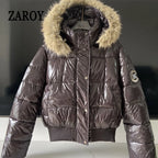 Women's Glossy Hooded Puffer Jacket with Faux Fur Trim