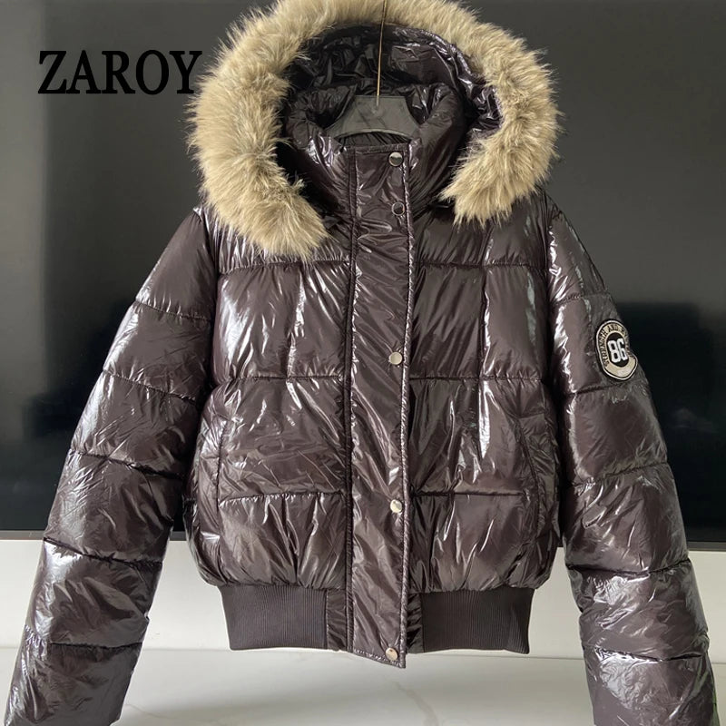 Women's Glossy Hooded Puffer Jacket with Faux Fur Trim