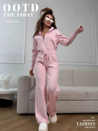 Women's Knit 2-Piece Set Zip-Up Stand Collar Cardigan Wide-Leg Ankle Pants Office Lady Autumn Winter Outfit