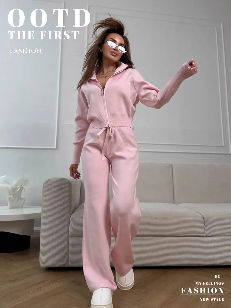 Women's Knit 2-Piece Set Zip-Up Stand Collar Cardigan Wide-Leg Ankle Pants Office Lady Autumn Winter Outfit