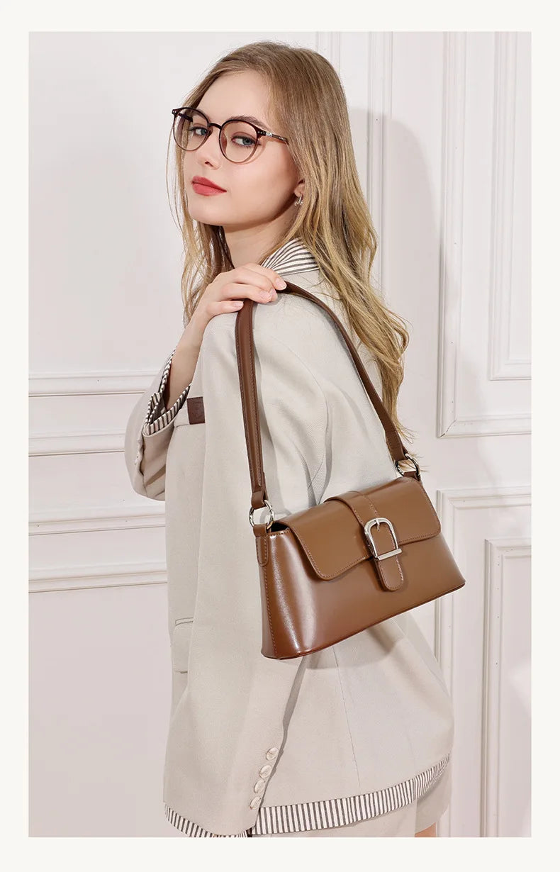 Women's Genuine Leather Baguette Shoulder Bag – Vintage Cowhide Crossbody
