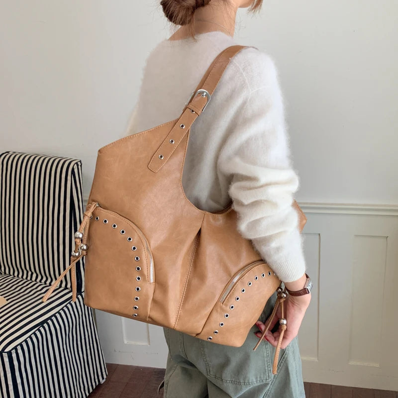 Women's Faux Leather Hobo Shoulder Bag with Zipper Closure