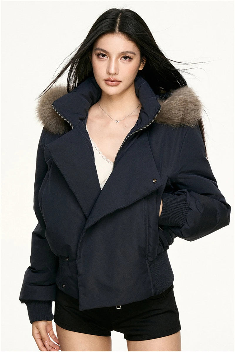 Women's Hooded Winter Bomber Jacket with Faux Fur Trim