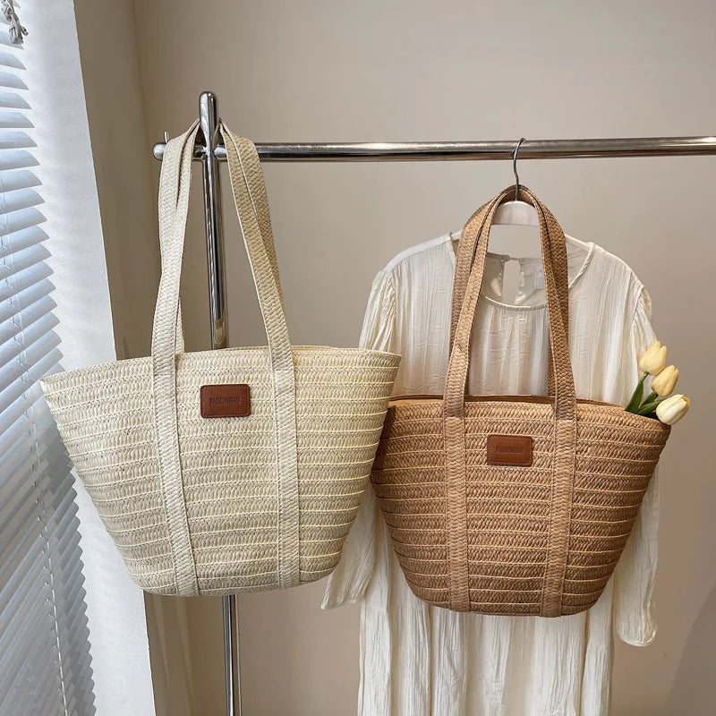 Large Straw Woven Handbags Women's Zipper Summer Beach Bags