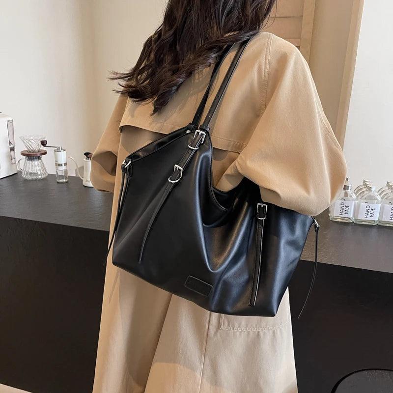 Large Leather Shoulder Bags Soft Women Zipper Belt Double Handles Tote Bags