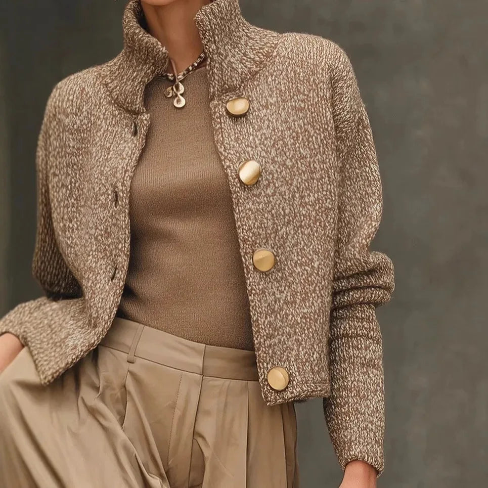 Fashion High Neck Button Knit Cardigan Jacket Women Autumn Winter Long Sleeve Casual Sweater