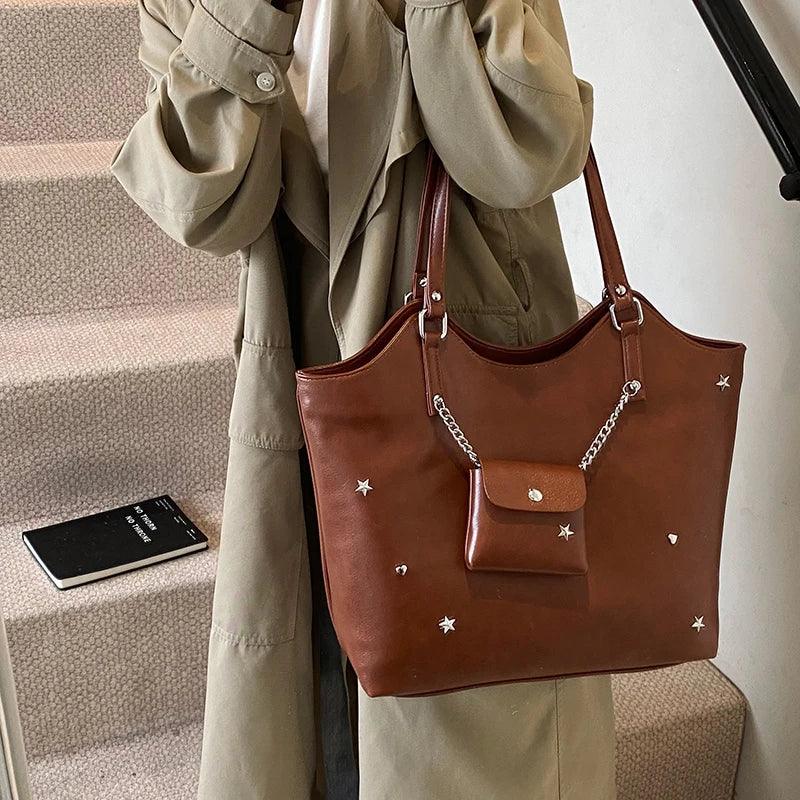 Large Leather Tote Bags Star Stud Chain Outer Coin Purse Style Women Zipper Handbags