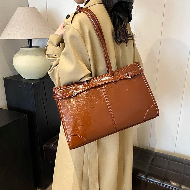 Large Leather Tote Bags Shoulder Bag Women Belt Style Zipper Handbags and Purses