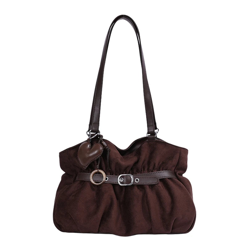 Women's Shoulder Bag Vintage Ruched PU Leather Zipper Tote Bag with Phone Pocket & Charm