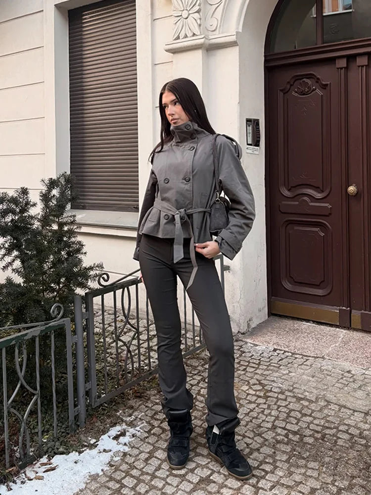 Women's Jacket Solid Lace-Up Double-Breasted Turn-Down Collar Full-Sleeve High-Waist Short Streetwear Coat