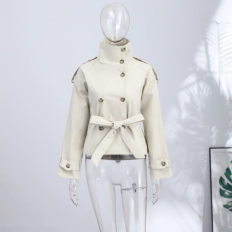 Women's Jacket Solid Lace-Up Double-Breasted Turn-Down Collar Full-Sleeve High-Waist Short Streetwear Coat