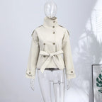 Women's Jacket Solid Lace-Up Double-Breasted Turn-Down Collar Full-Sleeve High-Waist Short Streetwear Coat