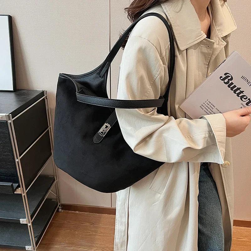 Small Nubuck Leather Shoulder Bags Women Zipper Turn Lock Matte Tote Handbags