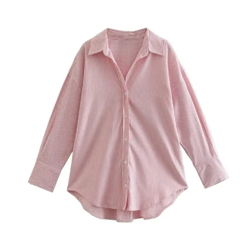 Camicia righe verticali rosa e bianco con design drop-shoulder e variazione pattern testurizzato