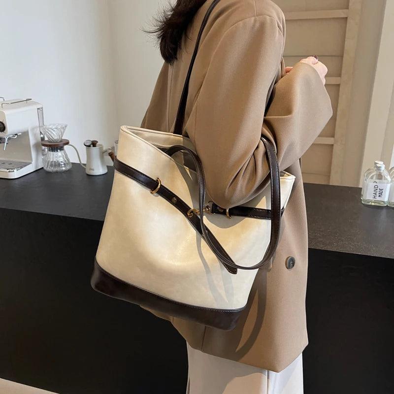 Large Tote Bags Leather Women Lock Buckle Zipper Double Handles Shoulder Bags