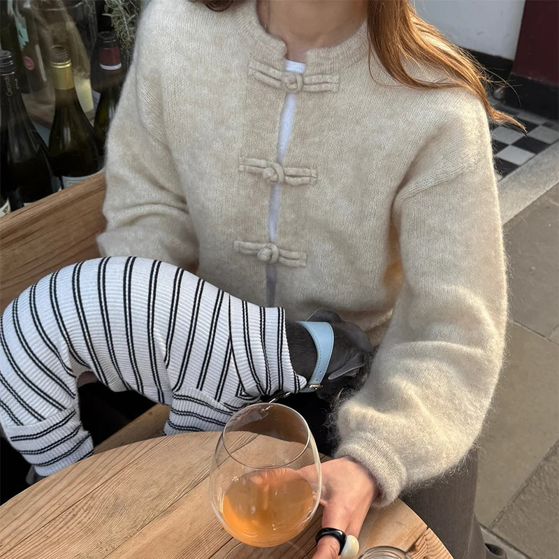 Women's Cardigan Knit Open-Stitch Button O-Neck Loose Full-Sleeve Casual Autumn Winter Sweater