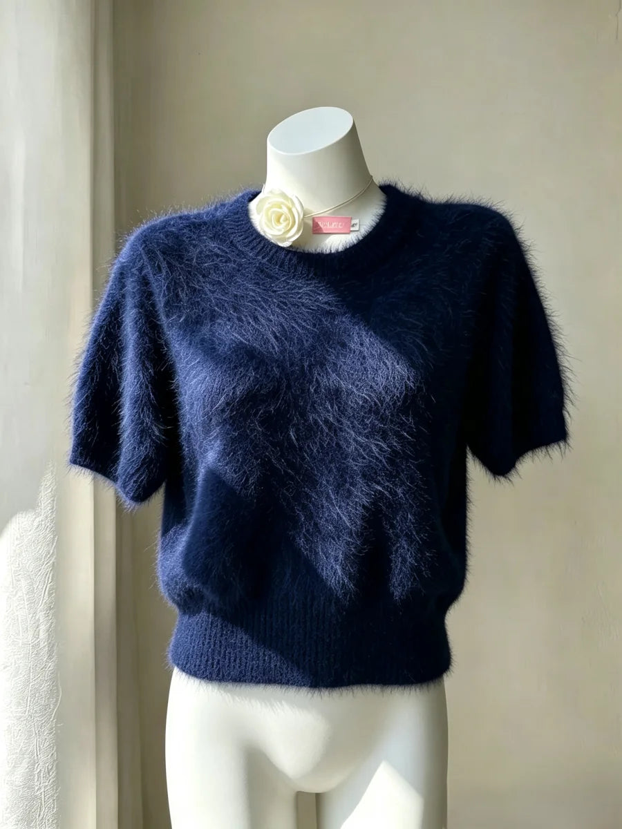 Cardigan Curto de Manga Curta Plush para Mulher | Top Felpudo Elegante com Fecho Simples