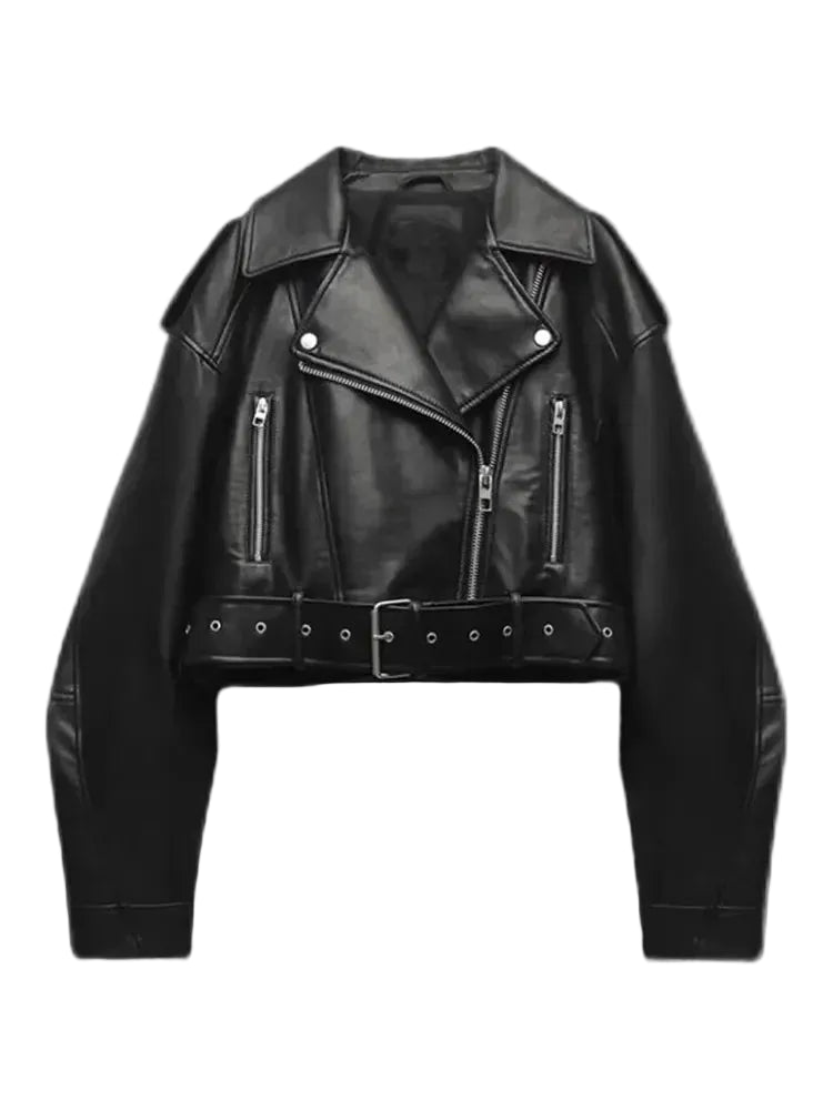 Women's Jacket Vintage Oversized Loose Faux PU Leather Full-Zip Turn-Down Lapel Short Retro Moto Biker Coat