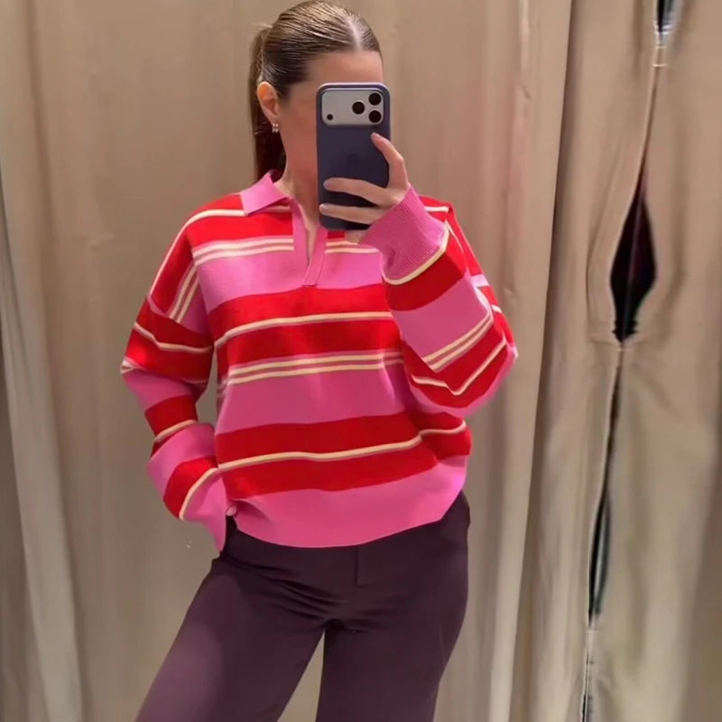 Women's Striped Polo Sweater Casual Long Sleeve Loose Pullover
