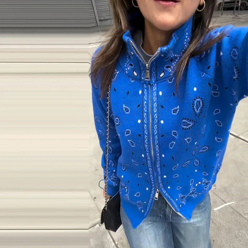 Casual Knit Printed Sweater Women Autumn Winter Loose Stand Collar Long Sleeve Button Knitwear Female 2026 Chic Lady Cardigan