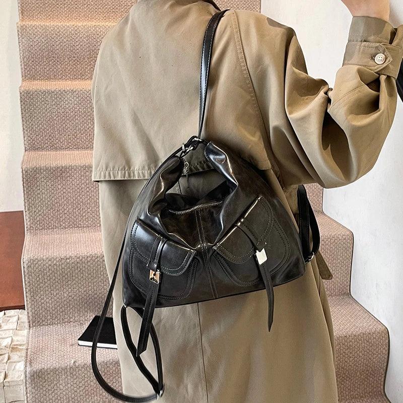 Nubuck Leather Shoulder Bags Flap Outer Pockets Women Soft Handbags Purses