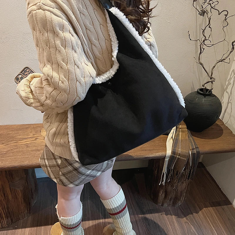 Large Suede Shoulder Bags Women Snap Faux Fur Lined Trim Soft Handbags