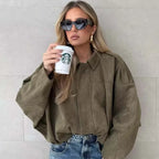 Women's Suede Textured Bomber Jacket Long Sleeve Lapel Collar Loose Coats Casual Outerwear
