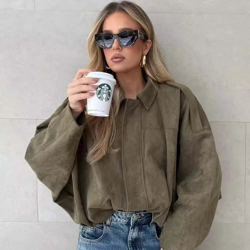 Women's Suede Textured Bomber Jacket Long Sleeve Lapel Collar Loose Coats Casual Outerwear