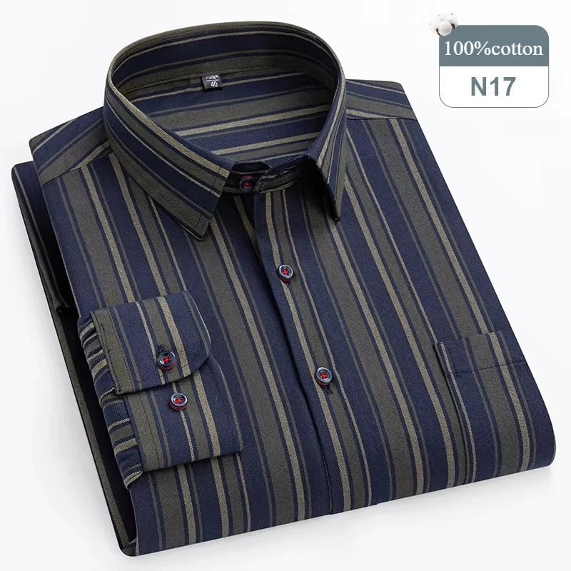 Plus Size 14XL 100%Cotton Long-Sleeve Shirts for Men Slim Fit Formal Plain Shirt Soft Plaid Striped Tops Office Elegants Clothes