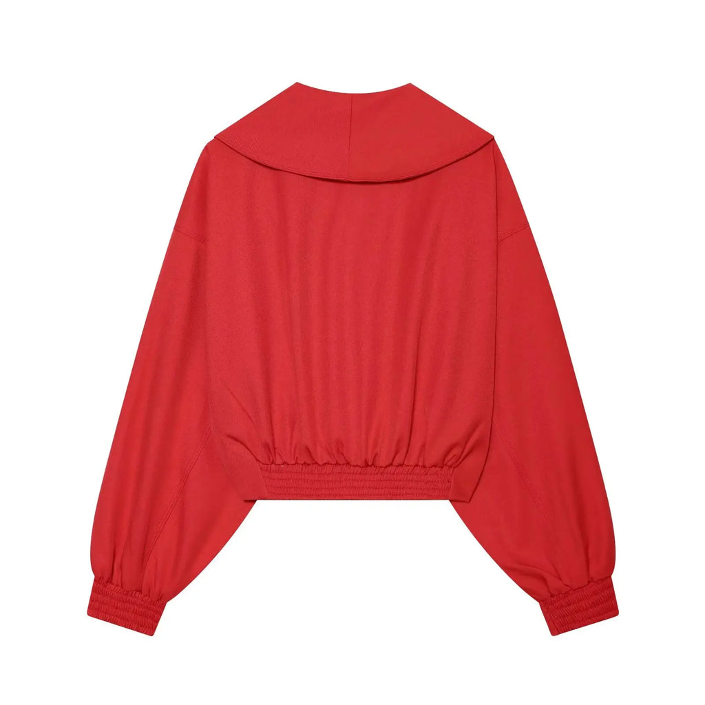 Women's Fashion Cropped Jackets V-Neck Long Sleeves With Bow Solid Pullover Chic Lady Outfits