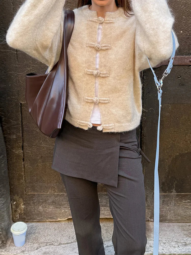 Women's Cardigan Knit Open-Stitch Button O-Neck Loose Full-Sleeve Casual Autumn Winter Sweater