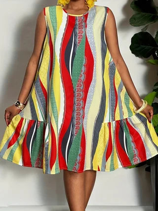 Plus-size Ruffle Mini Dress Colorblock Stripe Sleeveless Casual Beach Dresses