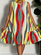 Plus-Size Ruffle Mini Dress – Colorblock Stripe Sleeveless Beach Dress