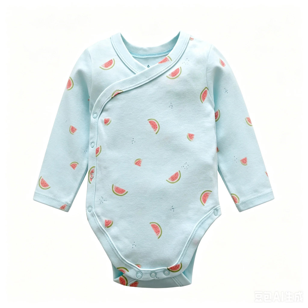 Light blue long-sleeve baby bodysuit with pink and green watermelon print, wrap neckline, and side snaps