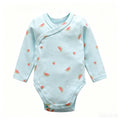 Light blue long-sleeve baby bodysuit with pink and green watermelon print, wrap neckline, and side snaps