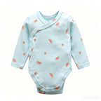 Light blue long-sleeve baby bodysuit with pink and green watermelon print, wrap neckline, and side snaps
