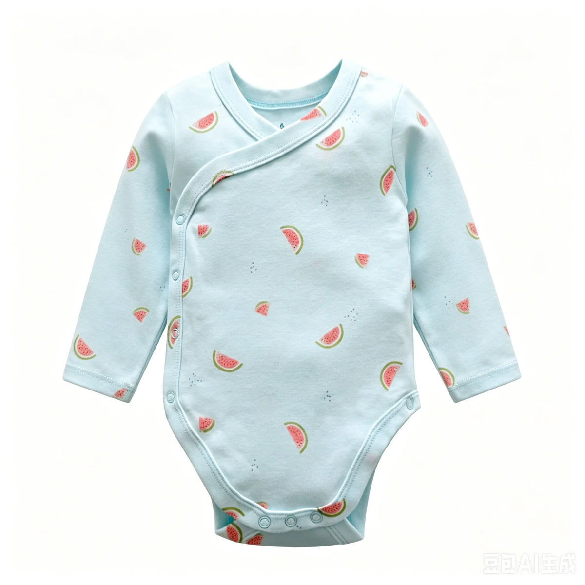 Light blue long-sleeve baby bodysuit with pink and green watermelon print, wrap neckline, and side snaps