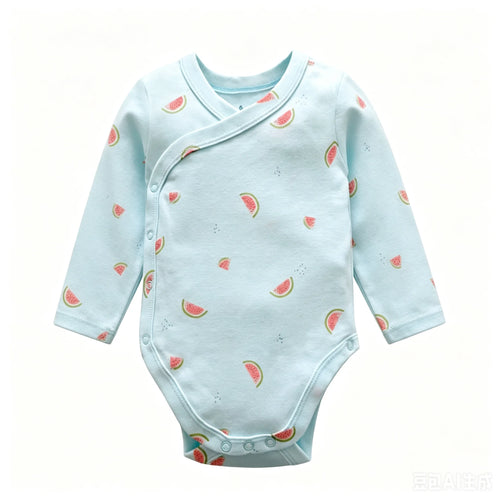 Light blue long-sleeve baby bodysuit with pink and green watermelon print, wrap neckline, and side snaps