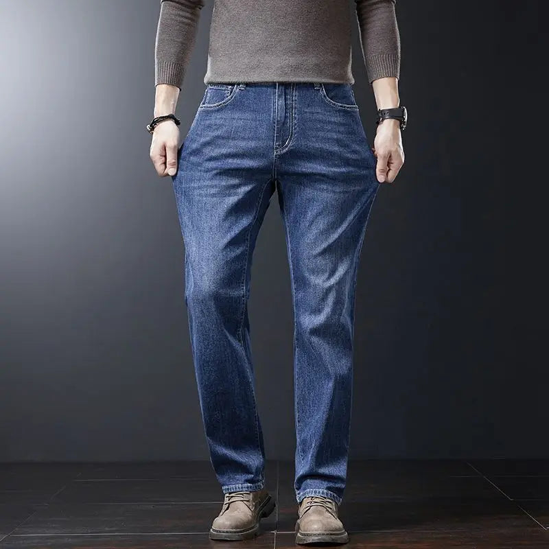 Men's Soft Stretch Straight Jeans Business Casual Slim Fit Wash Denim Pants Korean Fashion Blue Gray Male Brand Trousers