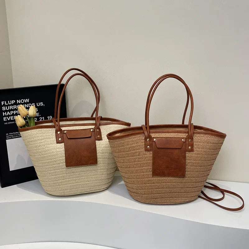 Large Straw Tote Bags Women's Zipper Woven Double Shoulder Straps Handbags