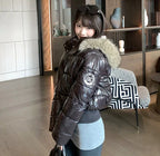 Women's Glossy Hooded Puffer Jacket with Faux Fur Trim