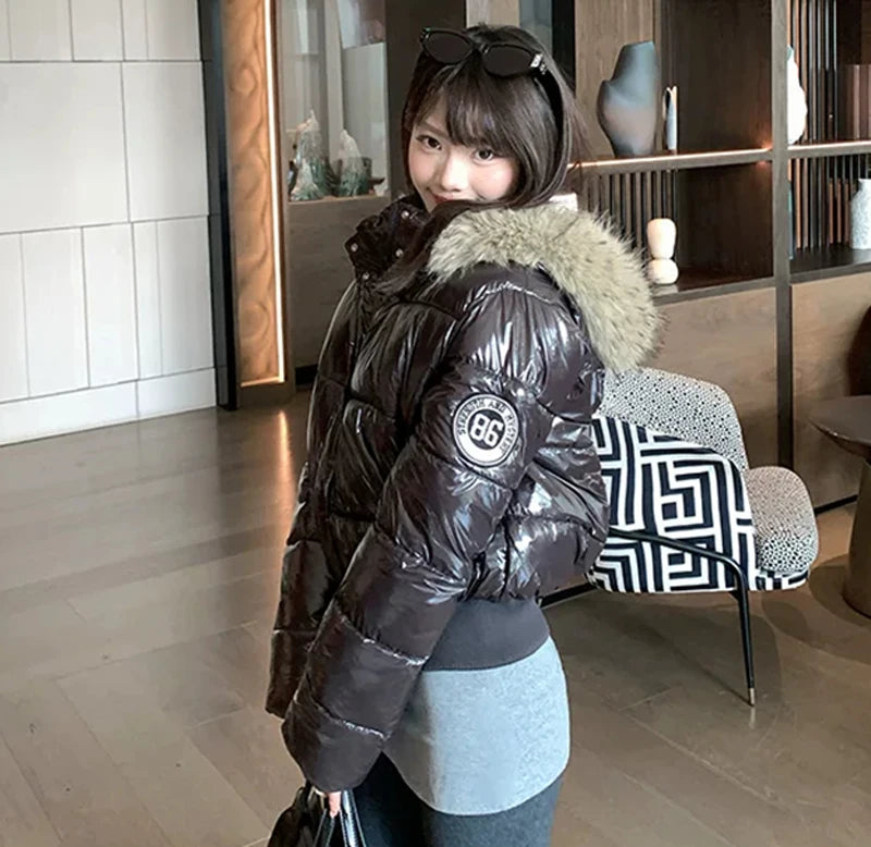 Women's Glossy Hooded Puffer Jacket with Faux Fur Trim