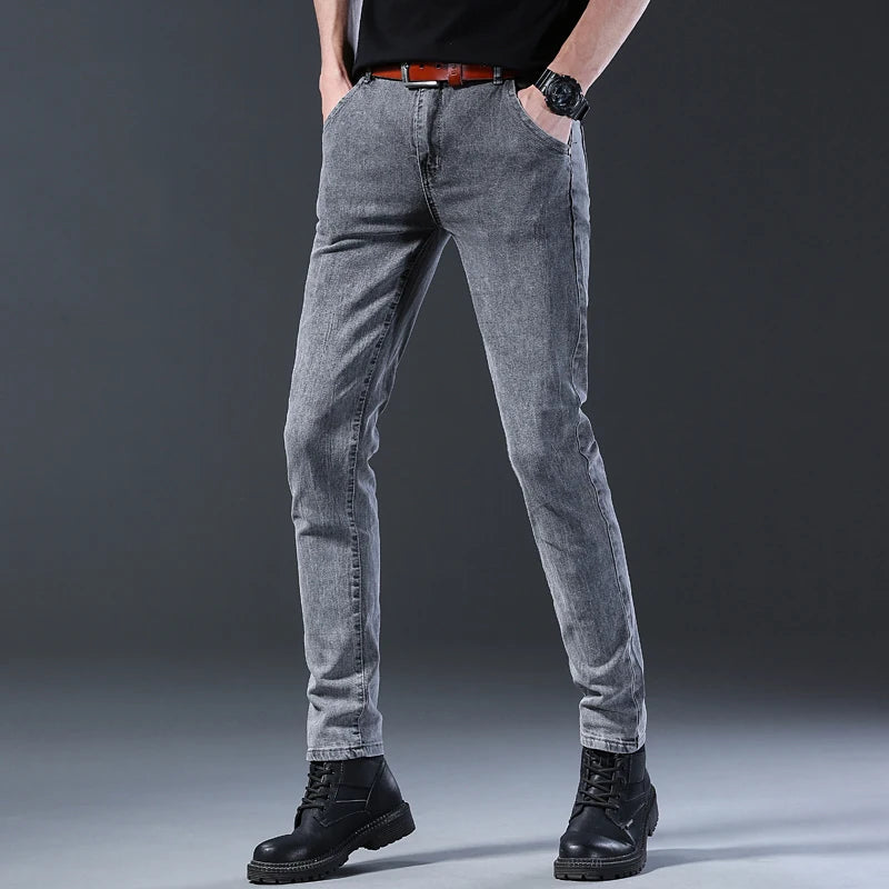 Men's Jeans Slim Fit High-Stretch Straight Leg Mid-Rise Gray Casual Denim Pants