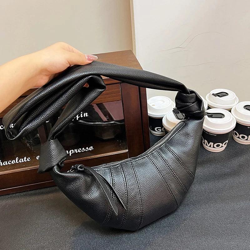 Genuine Leather Crossbody Bag Crescent Women Soft Cow Leather Zipper Shoulder