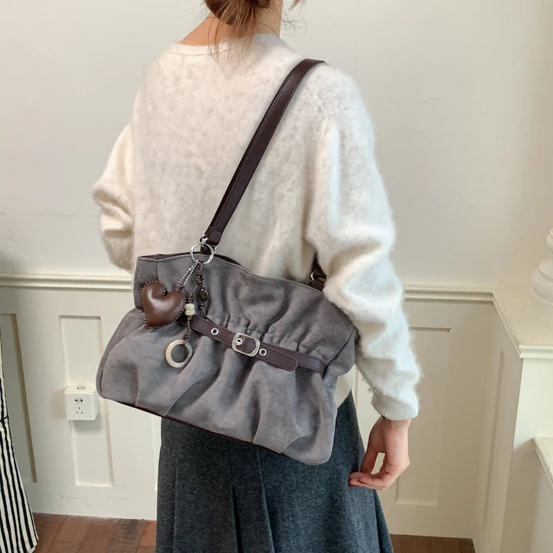 Women's Shoulder Bag Vintage Ruched PU Leather Zipper Tote Bag with Phone Pocket & Charm