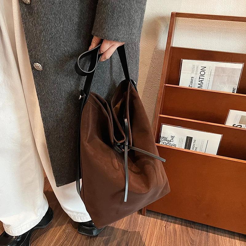 Suede Retro Shoulder Bag Women Tie Soft Hobo Crossbody Handbags Solid Purses