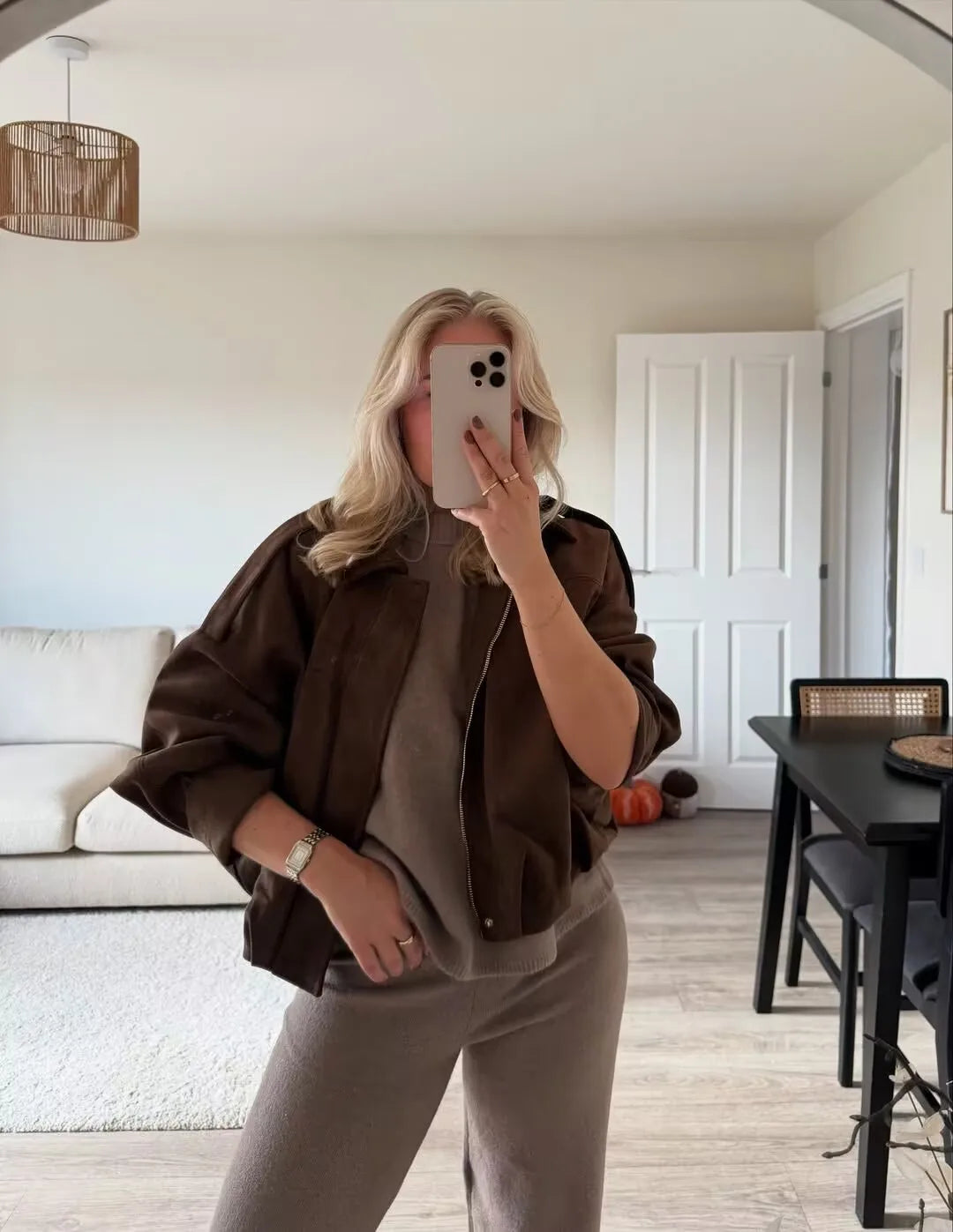 Women's Suede Textured Bomber Jacket Long Sleeve Lapel Collar Loose Coats Casual Outerwear