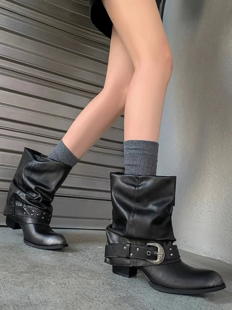 Women's Western Buckle Ankle Boots with Block Heels