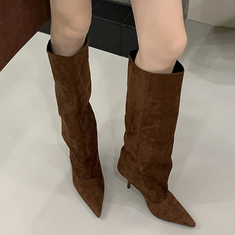 Women's Faux Suede Knee-High Boots with Pointed Toe